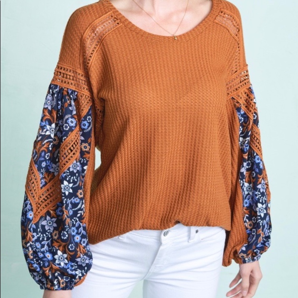 Camel Waffle Knit Patchwork Long Sleeve